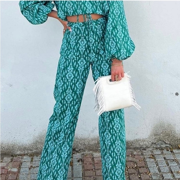 Zara Pants - Zara Teal Wide Leg Cotton Pants with Textured Pattern